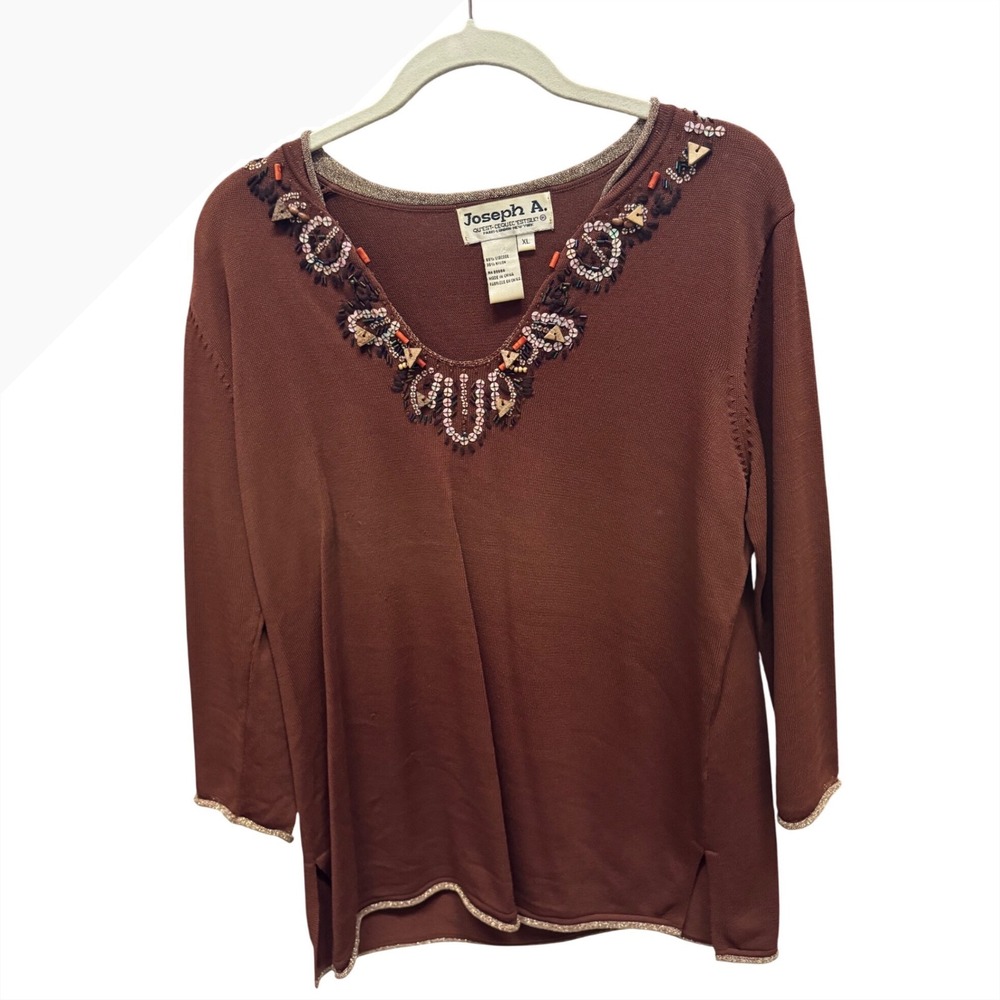 Joseph A Womens XL Brown Beaded Sequin V-Neck‎ Knit Sweater Metallic Trim Boho